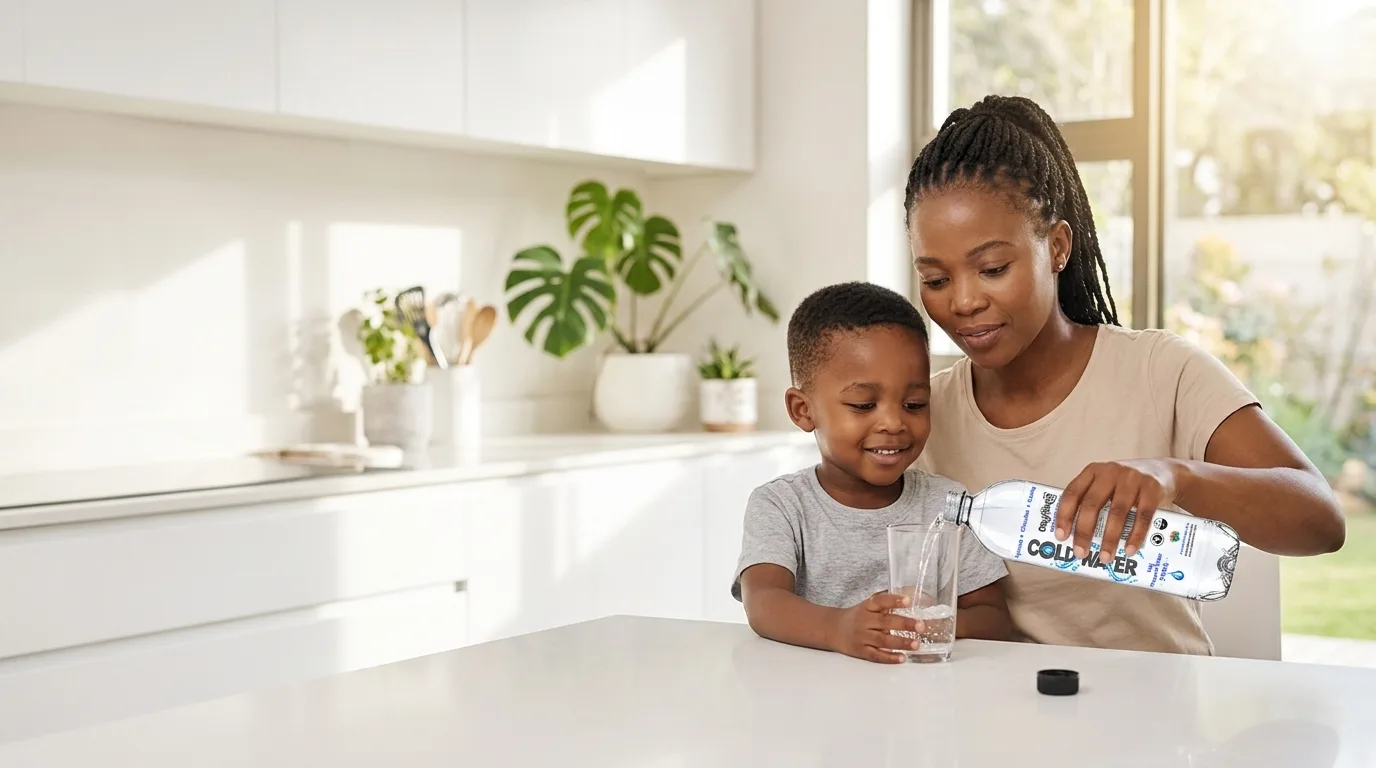 A mother pouring ColdWater SA water for her child in a bright kitchen