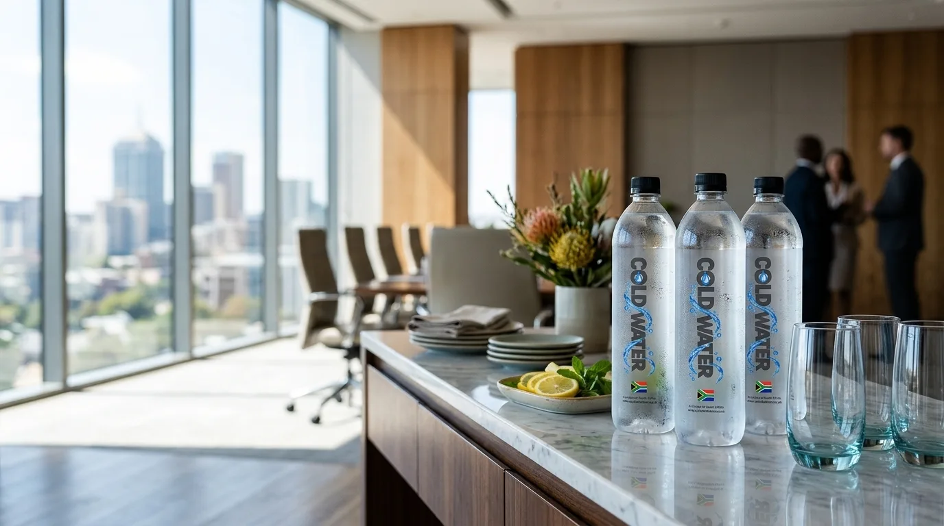ColdWater SA bottles on a reception counter in a modern office