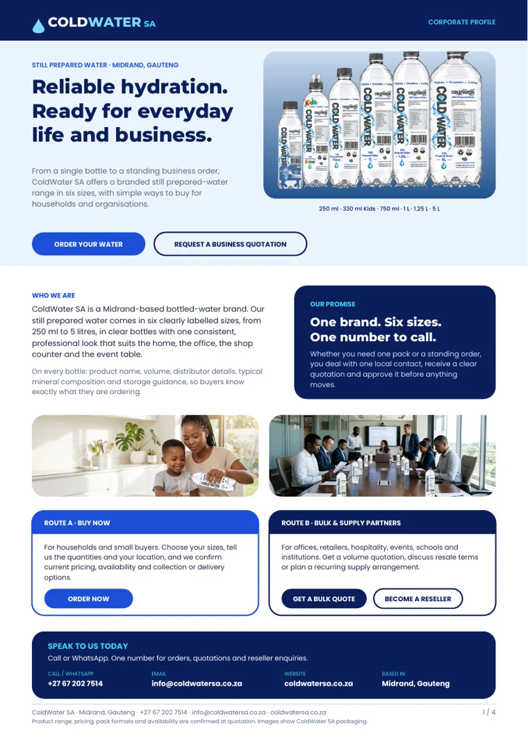 Cover page of the ColdWater SA corporate profile PDF